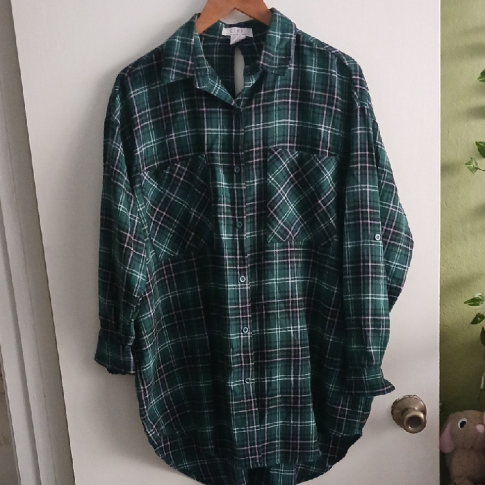 Green And BLUE Plaid Womens Open Back Tie Flannel Shirt